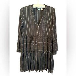DIA Black Metallic Stripe Tiered Babydoll Dress  Black Shimmer Lurex Boho Mini M
